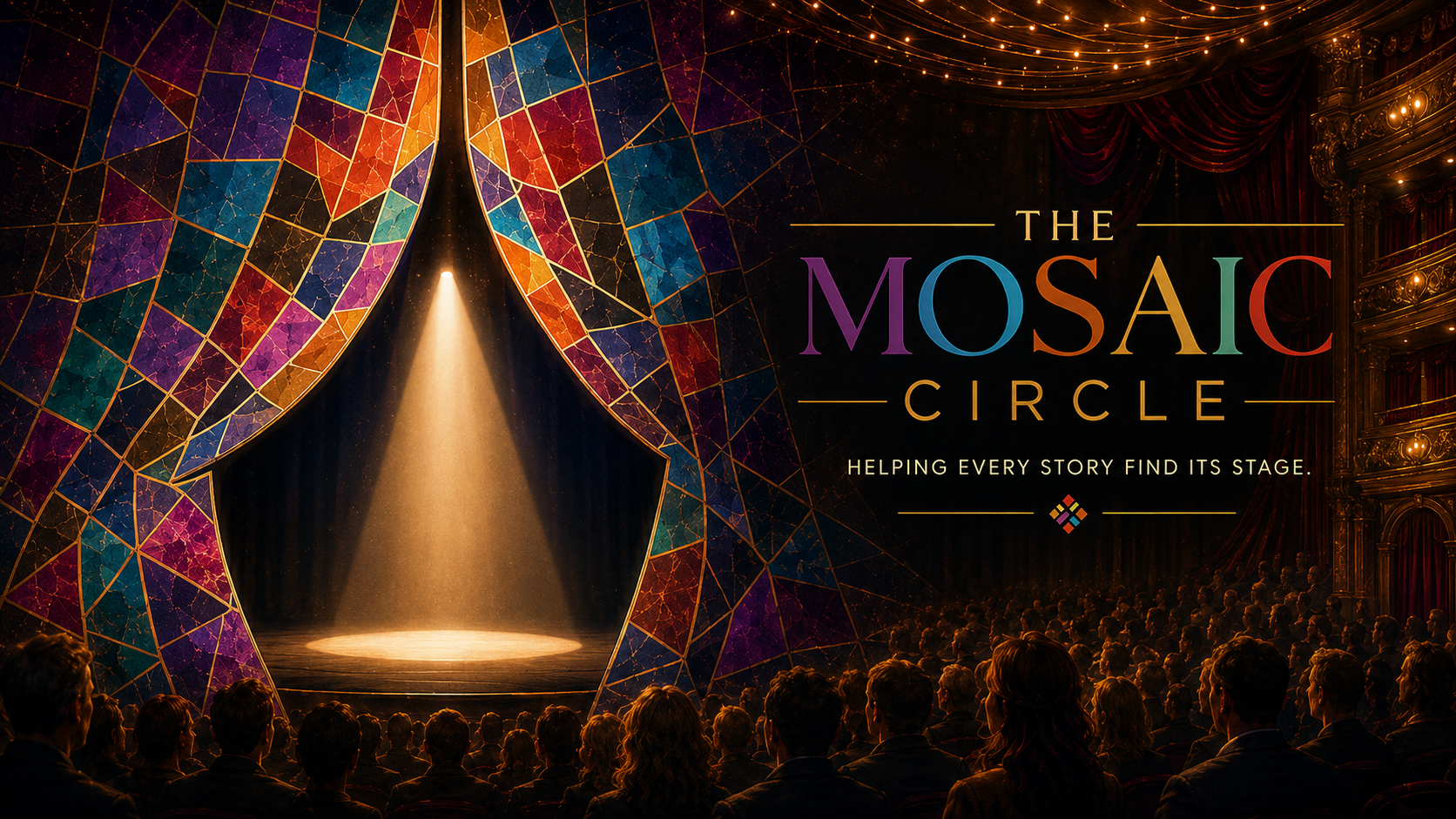 A theatrical curtain and spotlight banner for The Mosaic Circle